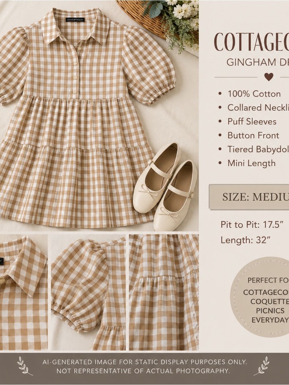 Cottagecore Gingham Collared Puff Sleeve Babydoll Prairie Mini Dress M